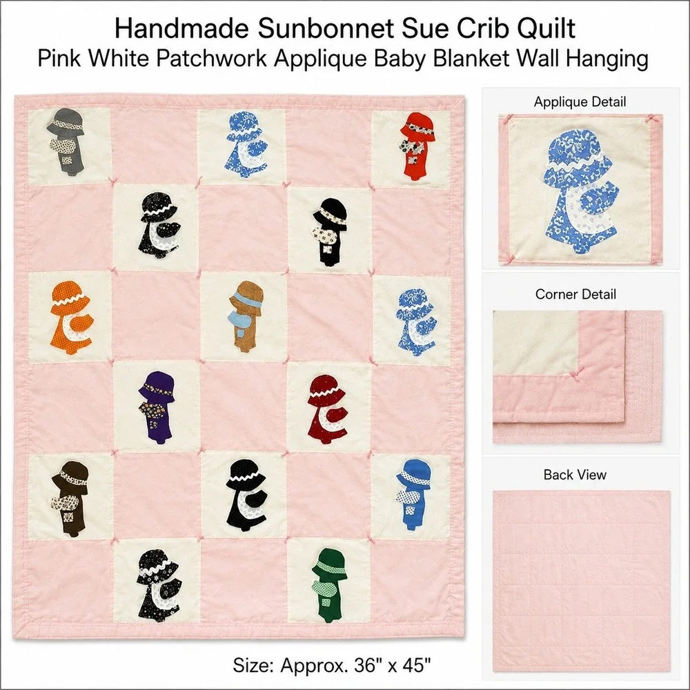 Handmade Sunbonnet Sue Crib Quilt Pink White Patchwork Applique Baby Blanket